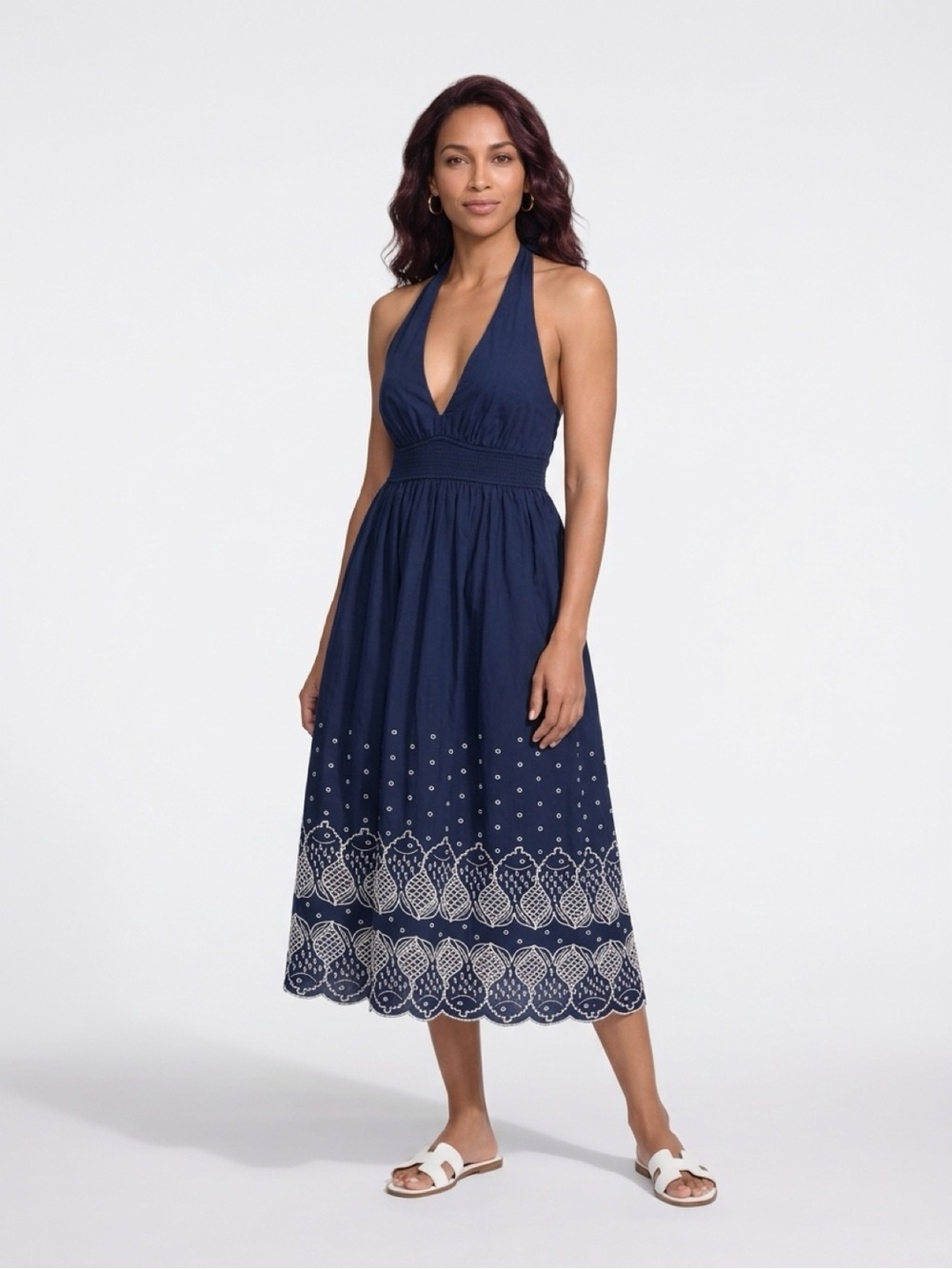 NWT Gorgeous Vineyard Vines Navy Halter Midi Dress with Embroidered Fish Hem S